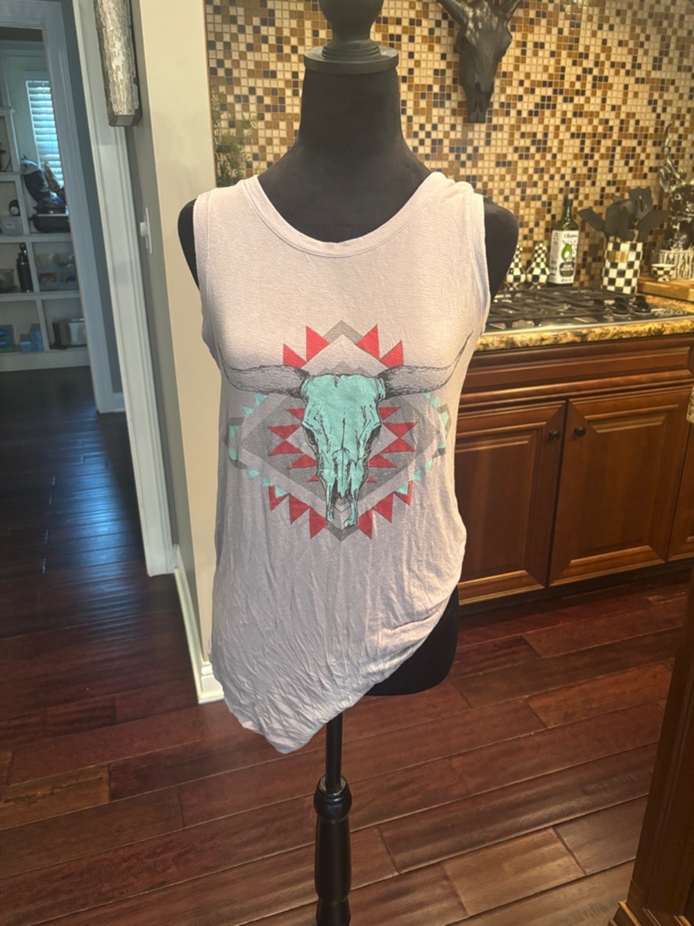 Asymmetric Light Gray Tank with Turquoise Skull Graphic